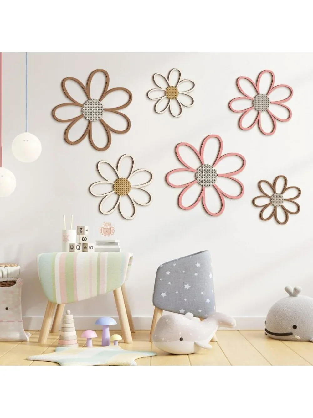 6 Pcs Wooden Daisy Wall Decor - Floral Art Hanging Plaques for Home & Nursery
